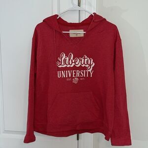 Women’s Red LIBERTY FLAMES Pullover V Neck Hoodie Hooded Sweatshirt M Oversized